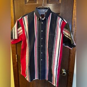 Men's Short-Sleeve Button-Up Shirt - Red, Black & White Stripe